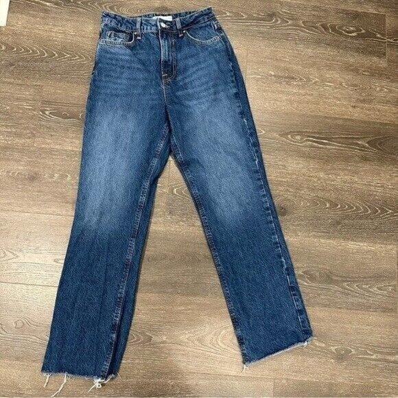 Zara Women’s Blue Straight Leg High Waisted Raw Hem Jeans Size 4 Dark Wash - Picture 2 of 14